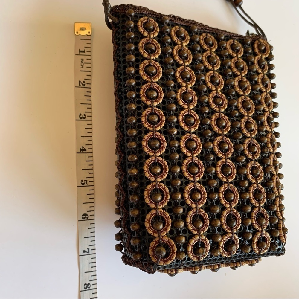 Handmade Wood Beaded Bag Floral Top Zip Mini Crossbody - Picture 13 of 15